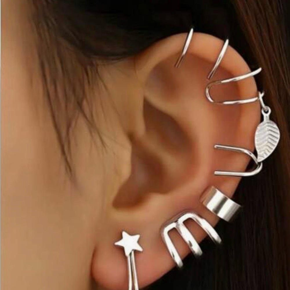 Silver Spiral & Star Cuff Earring Set - No Piercing Needed